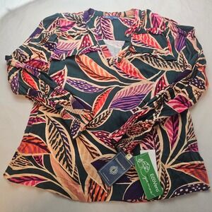 Democracy S Small V-Neck Ruffle Chest Mandarin Collar Leaf Pattern Blouse 1204